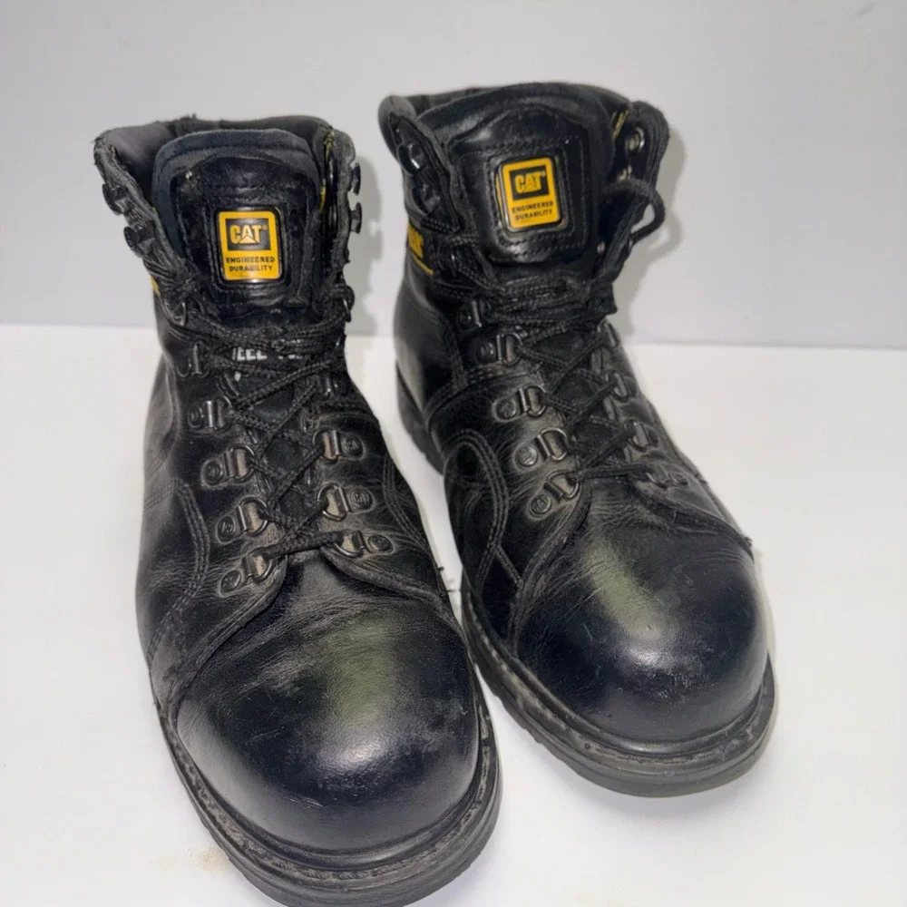 Caterpillar Steel Toe Work Boots Mens 9 Black Leather Lace Up Padded Collar